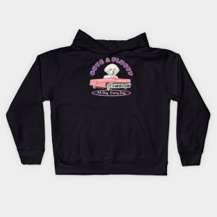 Cute Bichon Frise Driving vintage Classic pink cadillac while shopping Kids Hoodie